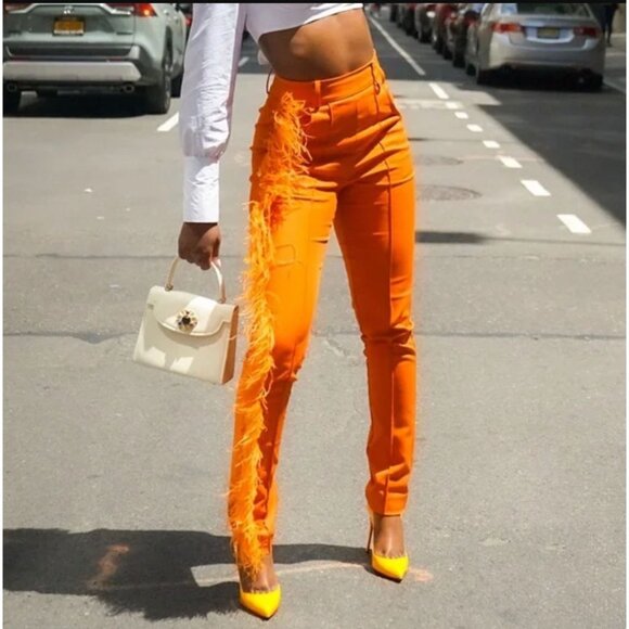 Hanifa Ava Ostrich Feather Pants Fitted Statement Blogger Fave Orange Small - Picture 7 of 16